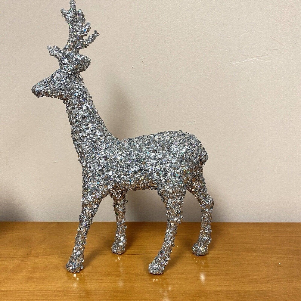 Glam Christmas Beaded Sequin Reindeer Figurine Table Decor 13.5” Silver Glitter